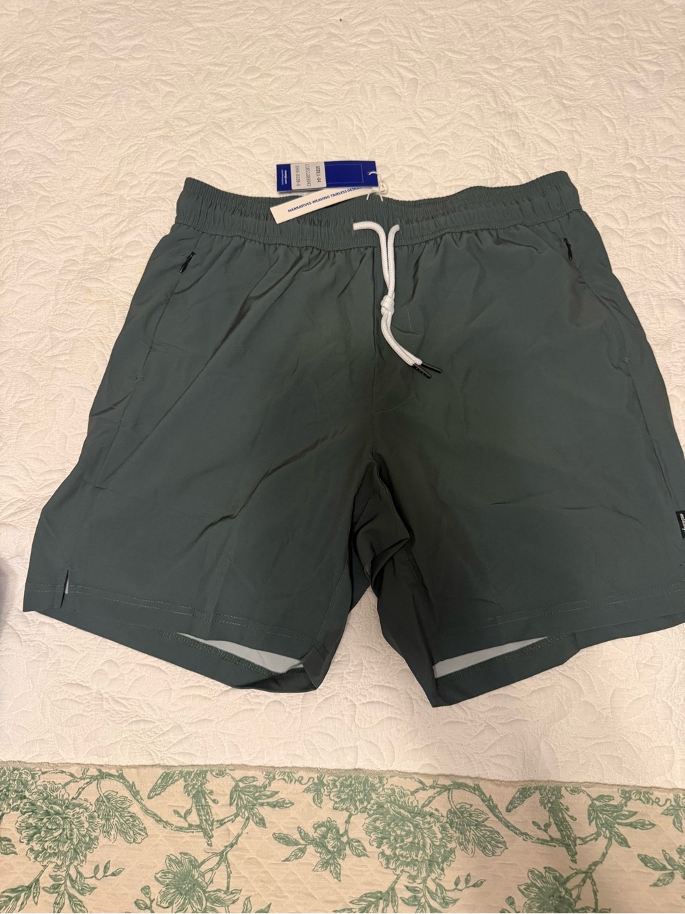 Men's Olive Green Swim Trunks with White Drawstring